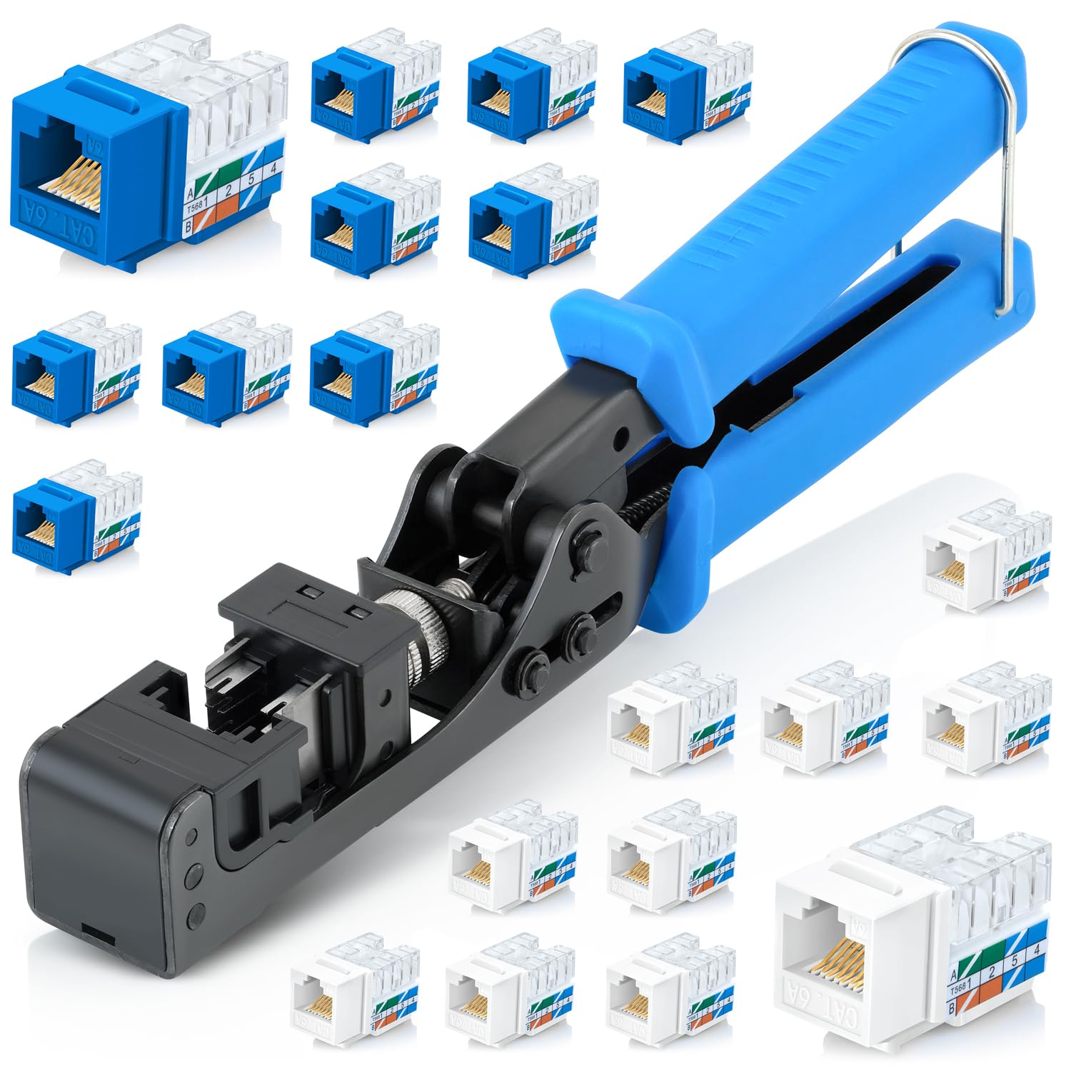 Everest Media Solutions easyJACK - 90° Angled Speed Termination Keystone Tool - with 20-Pack of RJ45 Cat6a Keystone Jacks (10 Blue & 10 White) - RJ45 Punch Down Tool