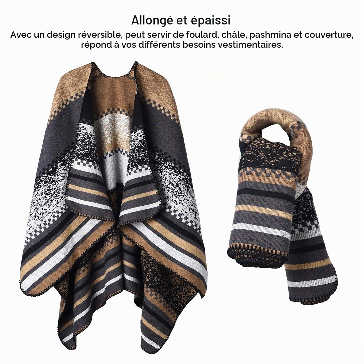 OOPOR Poncho Châle Rétro Ouvert Femme - Plaid Imprimé Tricot Pull Manteau Gilet Large Long Pancho Tartan Style Capuche Chaud Grand Polaire Cape Veste Foulard Ponchos Echarpe Automne Hiver Ethnique