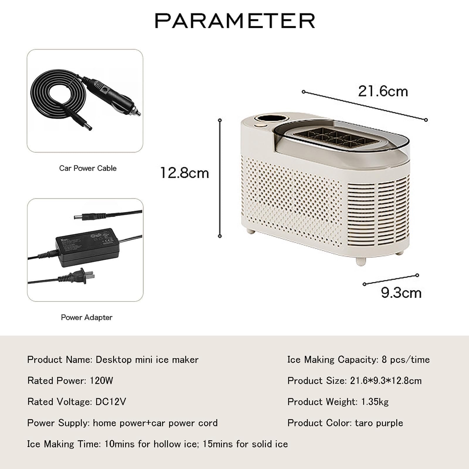 Máquina de Hielo Portátil de 120W, Mini Máquina de Hielo de Escritorio, 8 Cubos en 10-15 Minutos, Diseño Compacto para Encimera Ideal para Acampadas, Eventos Deportivos, Uso al Aire L white_8 squares