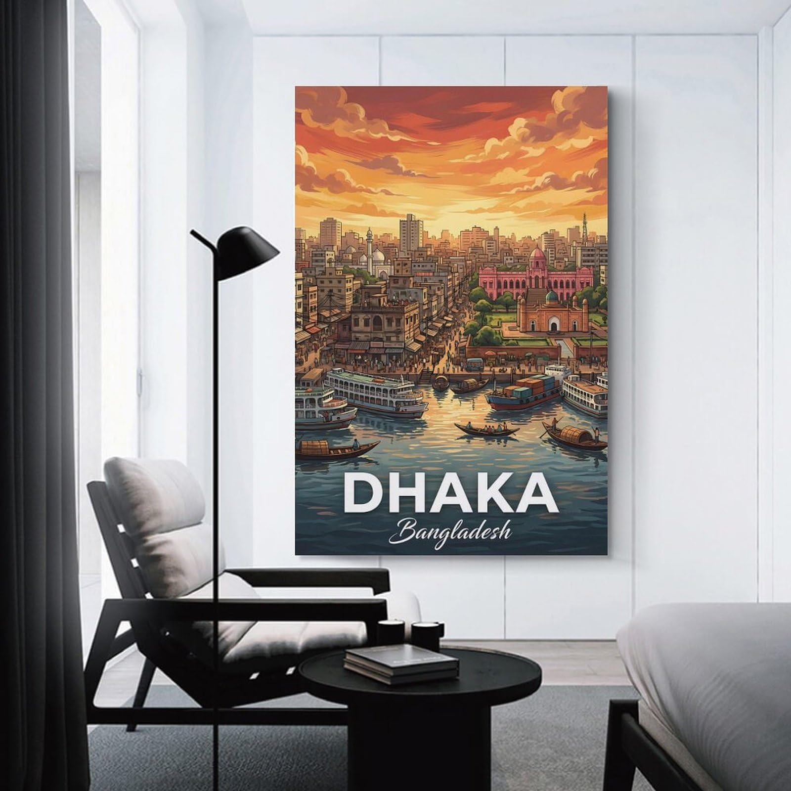 Junmoney Dhaka Bangladesh Cityscape with River Canvas Wall Decor 20x30inch(50x75cm), for Corridors, Hallways Or Apartment Entries, A Stylish Accent for Home Entrances