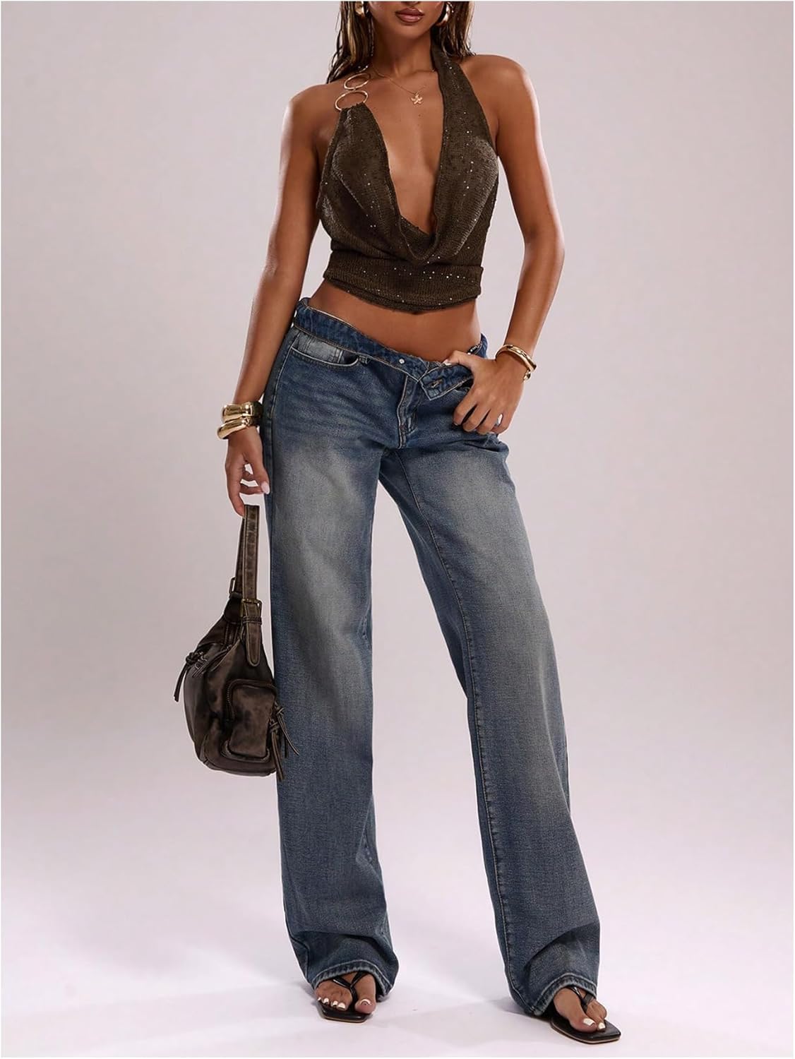 OYOANGLE Women's Sexy Sequin Sparkly Sleeveless Halter Party Top Ring Linked Backless Sheer Crop Blouse Y2K Going Out Brown M - Image 3