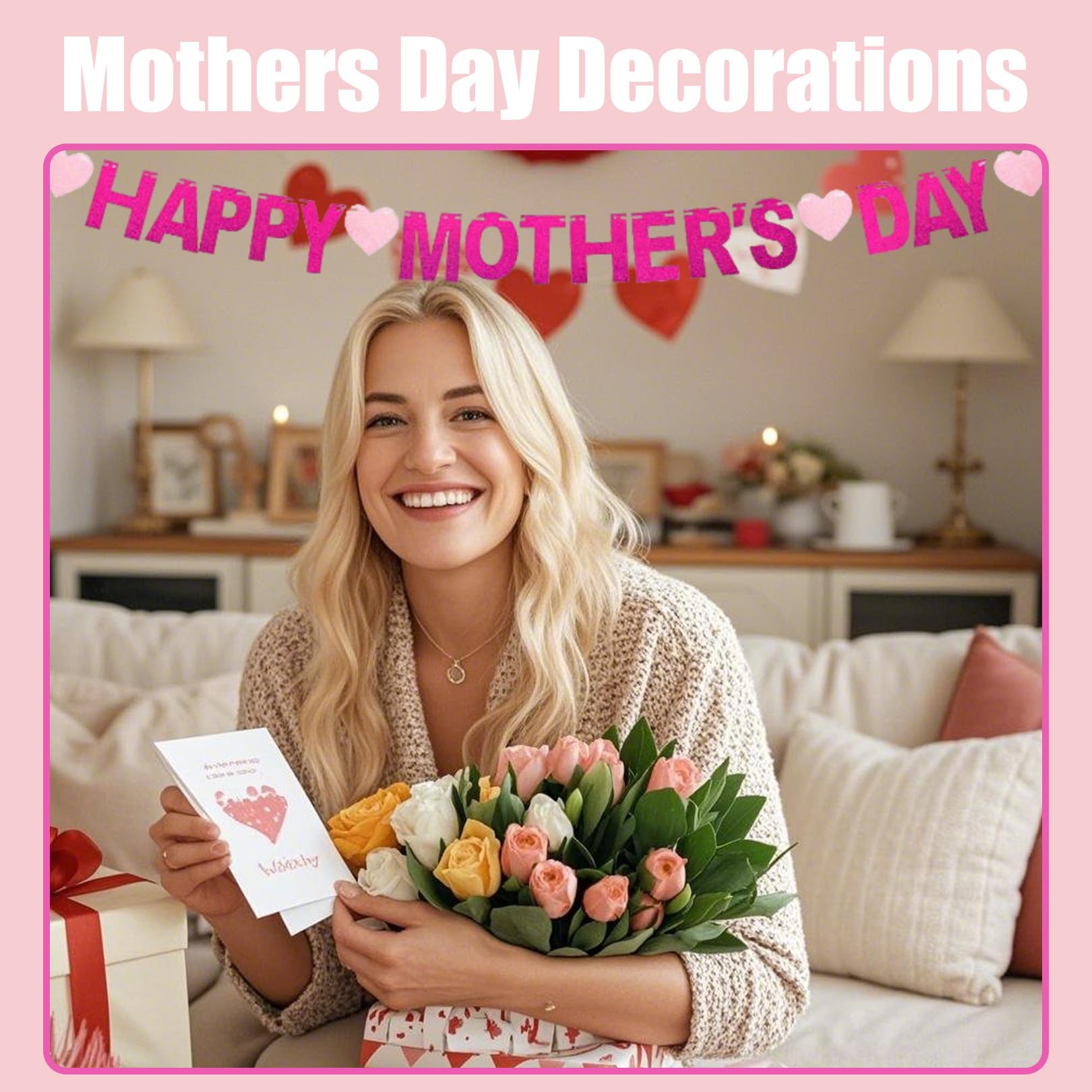 Mothers Day Decorations,Pink Glitter Happy Mothers Day Banner,Elegant Mothers Day Bunting for Indoor Party Decor,Wall Hanging Decoration for Mother - Image 4