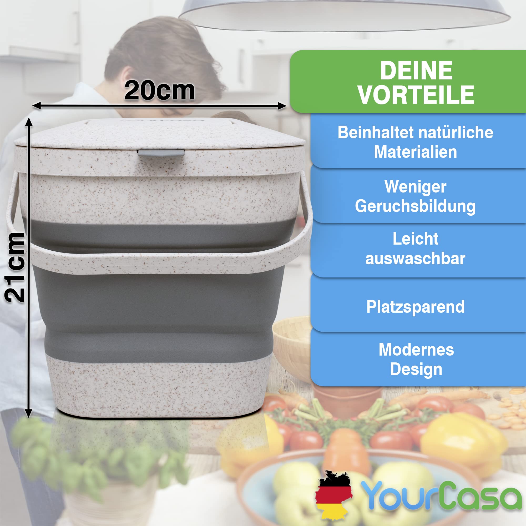 Yourcasa Contenitore per compost, 4 L - Polipropilene fibra di erba di grano, Grigio - Pieghevole, Inodore, Lavabile Contenitore per rifiuti organici sostenibile con coperchio