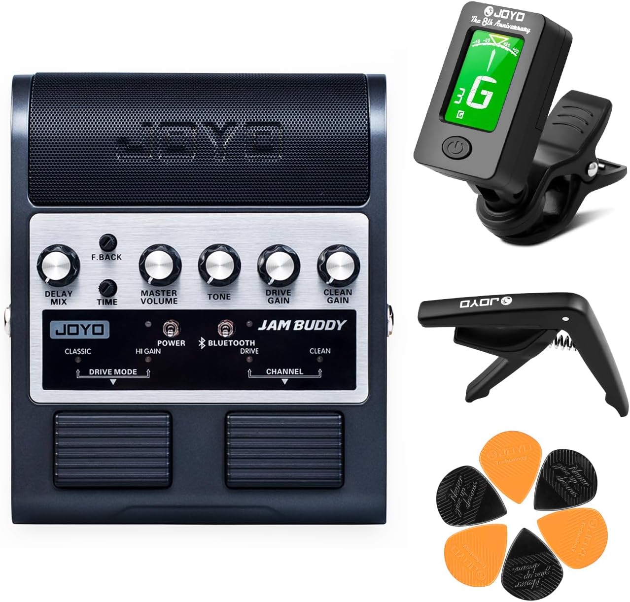 JOYO Portable Guitar Practice Amp & Pedal AllinOne Bundle Guitar Tuner Guitar Capo