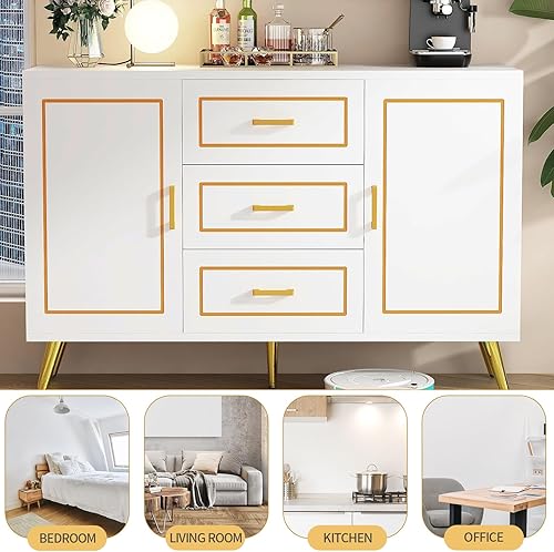 Miniatura 8 de chartustriable Armario moderno de grano de madera con 2 puertas, 3 cajones. Aparador de almacenamiento con patas de metal dorado, estantes