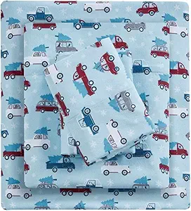Sleep Philosophy True North Cozy Flannel Warm 100% Cotton Sheet - Novelty Print Animals Stars Cute Ultra Soft Cold Weather Bedding Set, Queen, Blue Cars, 4 Piece