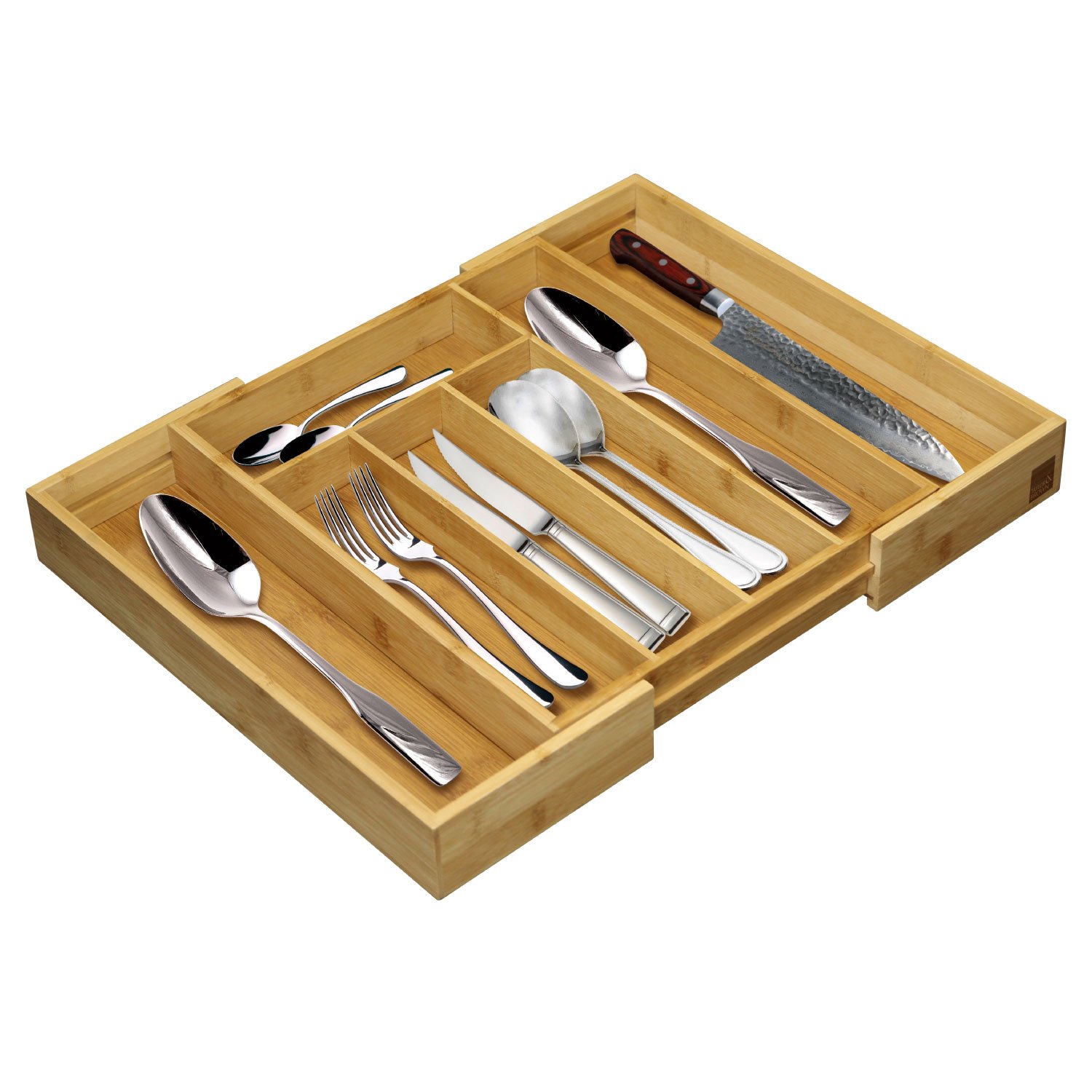 Taylor & Braun® Verstellbarer, ausziehbarer Bambus-Besteckkasten mit 5 bis 7 Fächern, Größe: 5 x 48,5 x 37 cm, natürliches Braun, Schubladeneinsatz