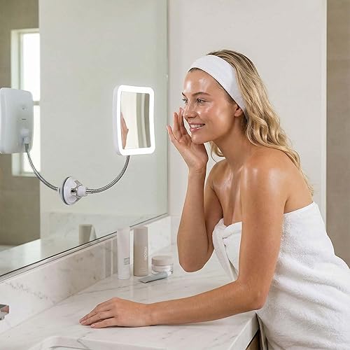 Miniatura 8 de Fancii espejo de aumento flexible 10X con luz LED y cuello de ganso, espejo de maquillaje para viajes iluminado, succión con traba, luz LED natural,