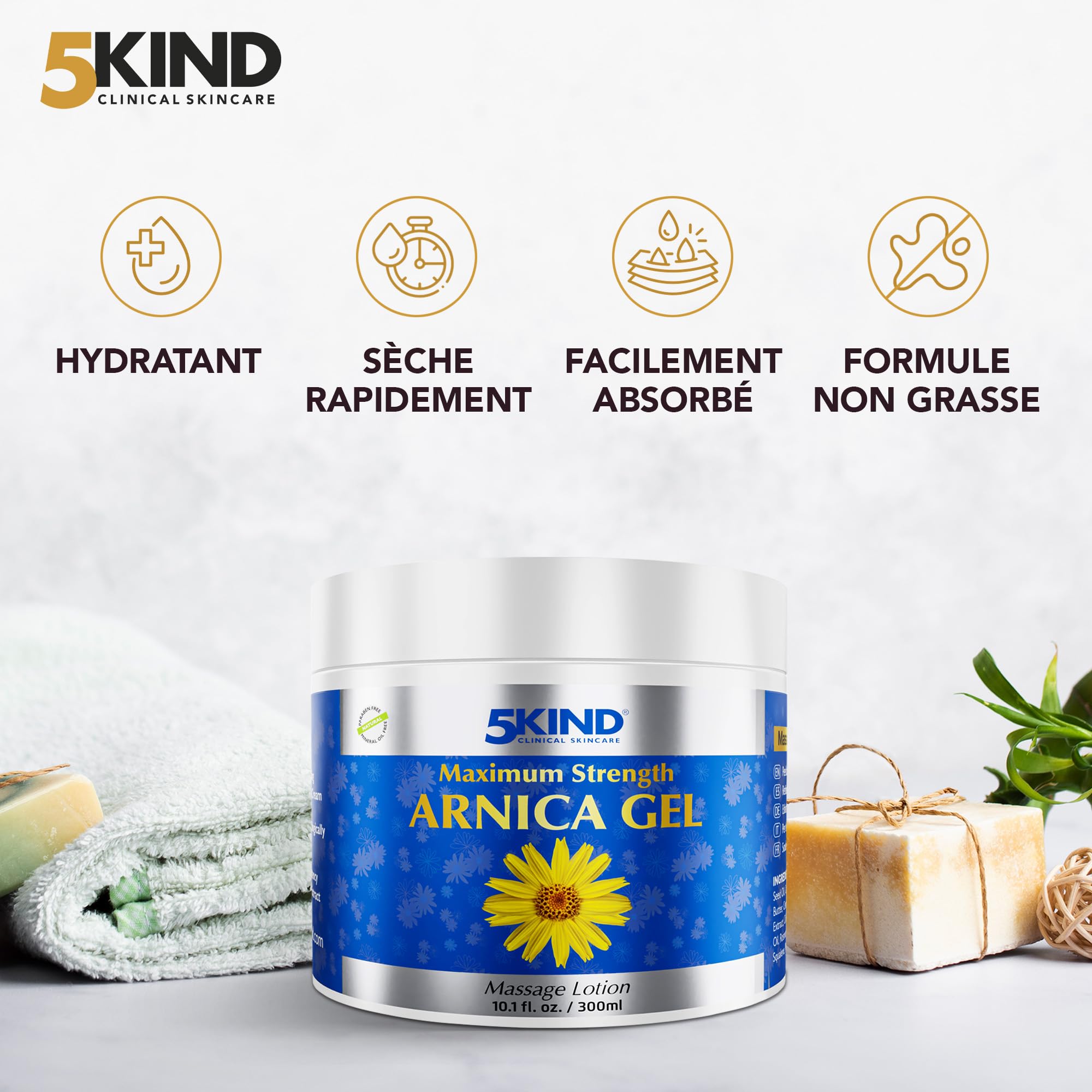 5kind Gel Arnica Extra Fort 300 ml – Gel à l’Arnica à Action Rapide – Gel Revitalisant à l’Extrait d’Arnica Montana