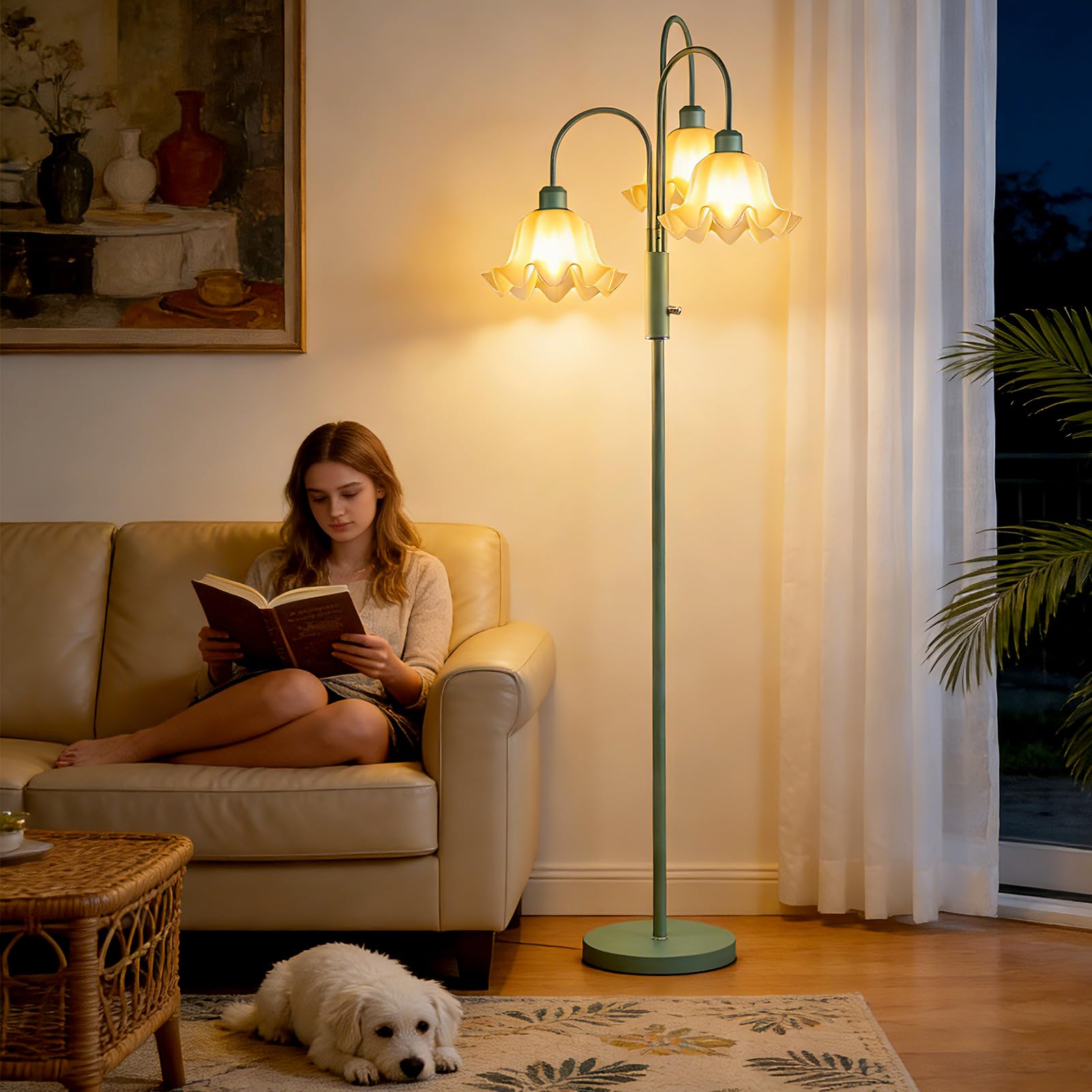 Lightdot 70IN Flower Floor Lamp for Living Room, 3 Light Dimmable Tree Floor Lamps with Bulb Included for Wedding/Party, Unique Floral Tall Lamp with 5Lbs Heavy Base for Bedroom/Sofa-Grayish Green