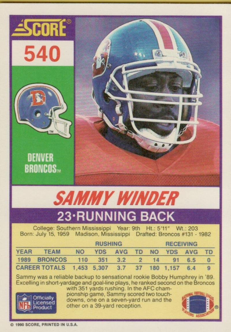 Amazon.com: 1990 Score Football #540 Sammy Winder Denver Broncos