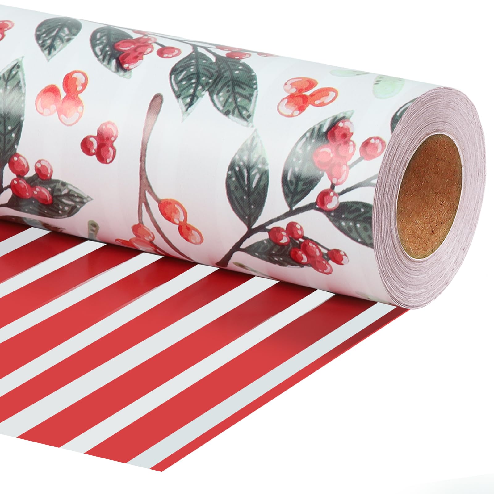LaRibbons Reversible Christmas Wrapping Paper Jumbo Roll, Vintage Red Berries& Red Stripe Gift Wrap for Christmas, Season Party, Xmas, 17 Inch x 33 Feet — image 1