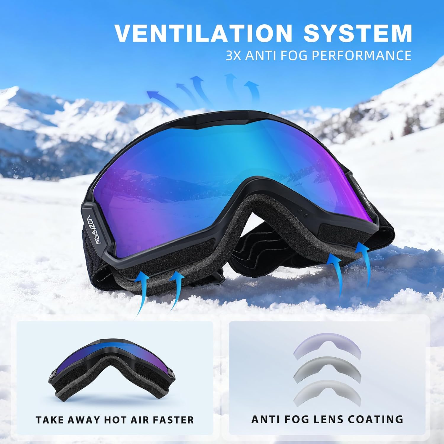 Ski Goggles Over Glasses with HD Lens, 100% UV Protection Snow Snowboard Goggles Anti Fog for Men, Women, Youth