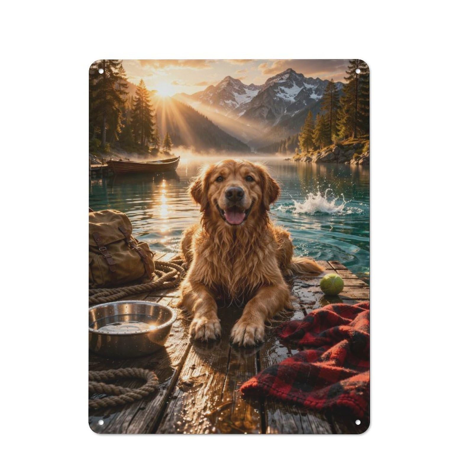 Junmoney Style-15 Rustic Metal Sign 40X30cm Featuring Golden Retriever By A Mountain Lake For Hallway Wall, A Decorative Gift For A Newly Furnished Hallway
