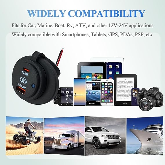 デュアルUSB高速充電器ソケット 12V 60W PD&QC3.0 Type-C USB-Aポート 防水 車 ボート マリン電源アダプター ブルーLED