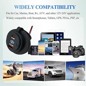 デュアルUSB高速充電器ソケット 12V 60W PD&QC3.0 Type-C USB-Aポート 防水 車 ボート マリン電源アダプター ブルーLED