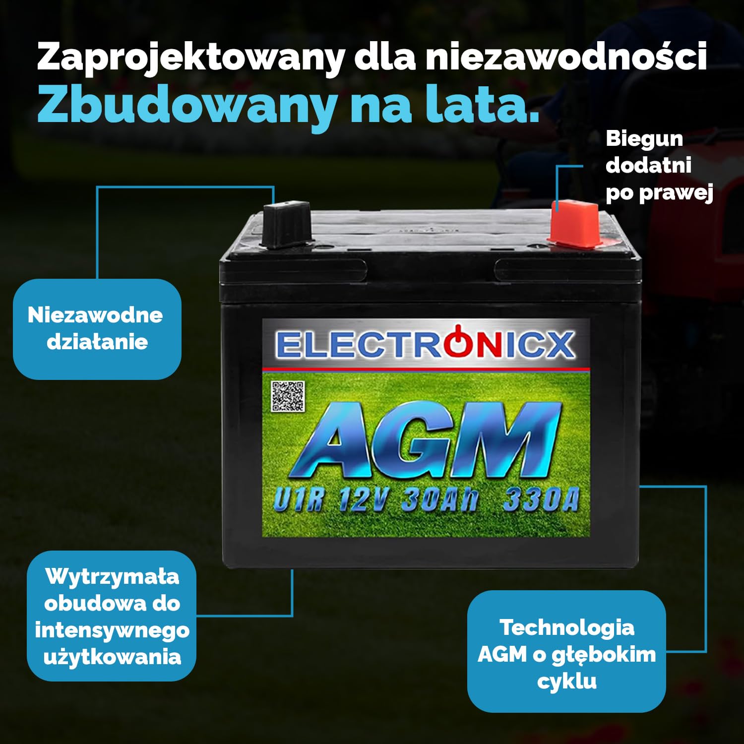 Electronicx akumulator do traktorka 12V 30Ah akumulator AGM do kosiarki akumulator 30 Ah kosiarka samojezdna traktorek do trawy plus prawy U1R 330A traktorki do trawy