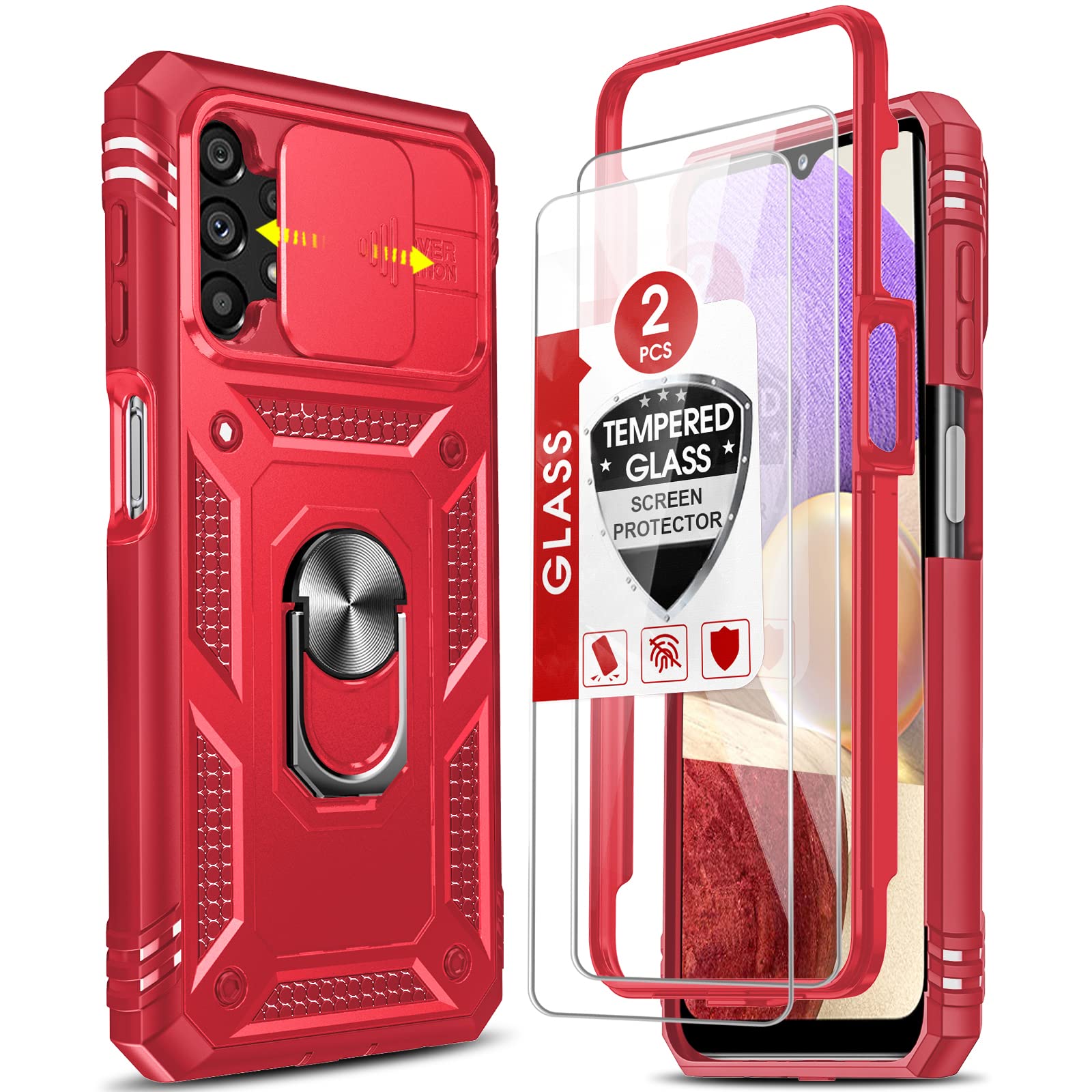 Photo 1 of AnoKe for Galaxy A32 5G Case, Samsung A32 5G Case with Slide Camera Cover + 2 PCS Screen Protector, Full-Body Shockproof [Military-Grade] Rugged Phone Case with Kickstand for Samsung Galaxy A32, Red