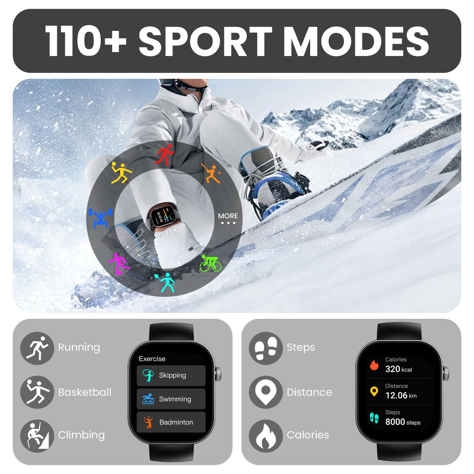 Smartwatch Uomo Donna, 2.01" Orologio Smartwatch con Chiamata Bluetooth e Risposta Vivavoce, Fitness Tracker con Contapassi/Sonno/Cardiofrequenzimetro, Impermeabile 5ATM, 100+ Sports Smart Watch Nero