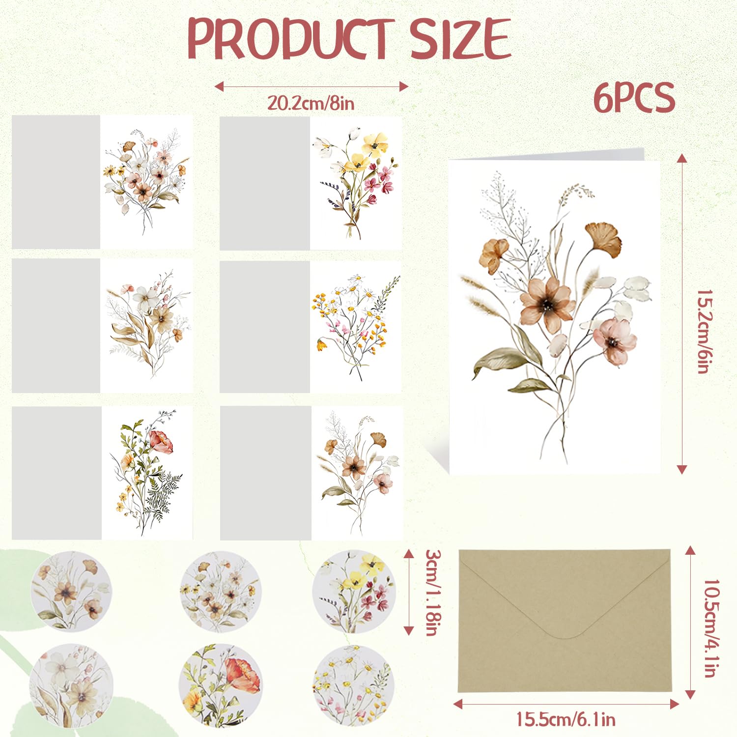 ALLY-MAGIC Set di 6 biglietti di ringraziamento A6 con buste e adesivi bouquet fiori selvatici