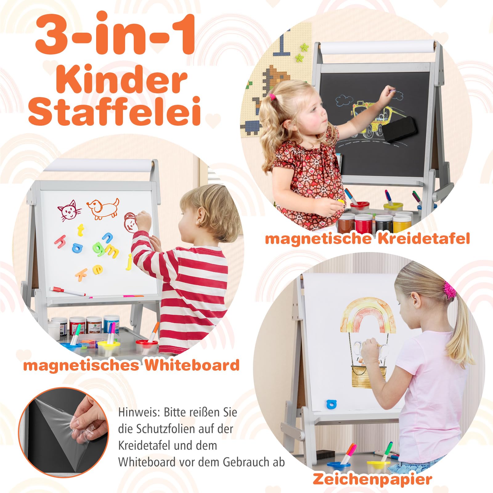 COSTWAY Dwustronna Tablica dla Dzieci 3 w 1 z Rolką Papieru, Magnetyczna do Pisania Kredą i Suchościeralnością, w Zestawie 3 Kolorowe Kubki i 2 Pudełka, Sztaluga