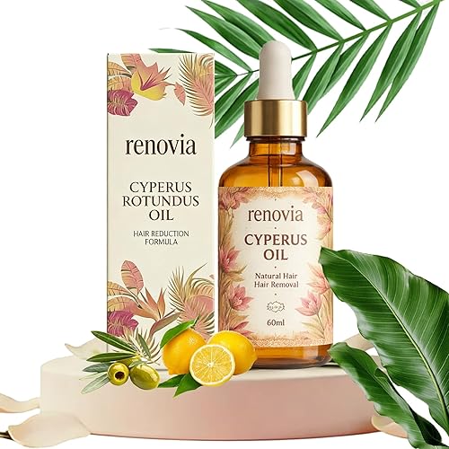 Renovia Cyperus Rotundus Oil, Renovia Organics Hair Removal Skin Serum, Moisturizing & Soothing for Smooth Looking Skin with Peppermint, Herbal 60ml