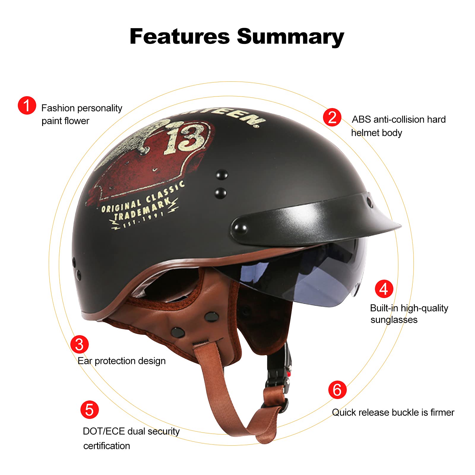 Motorradhelm Mit Schutzbrille DOT-Zugelassen, Passend für Jethelm Roller Scooter Moped Mofa Chopper Vintage