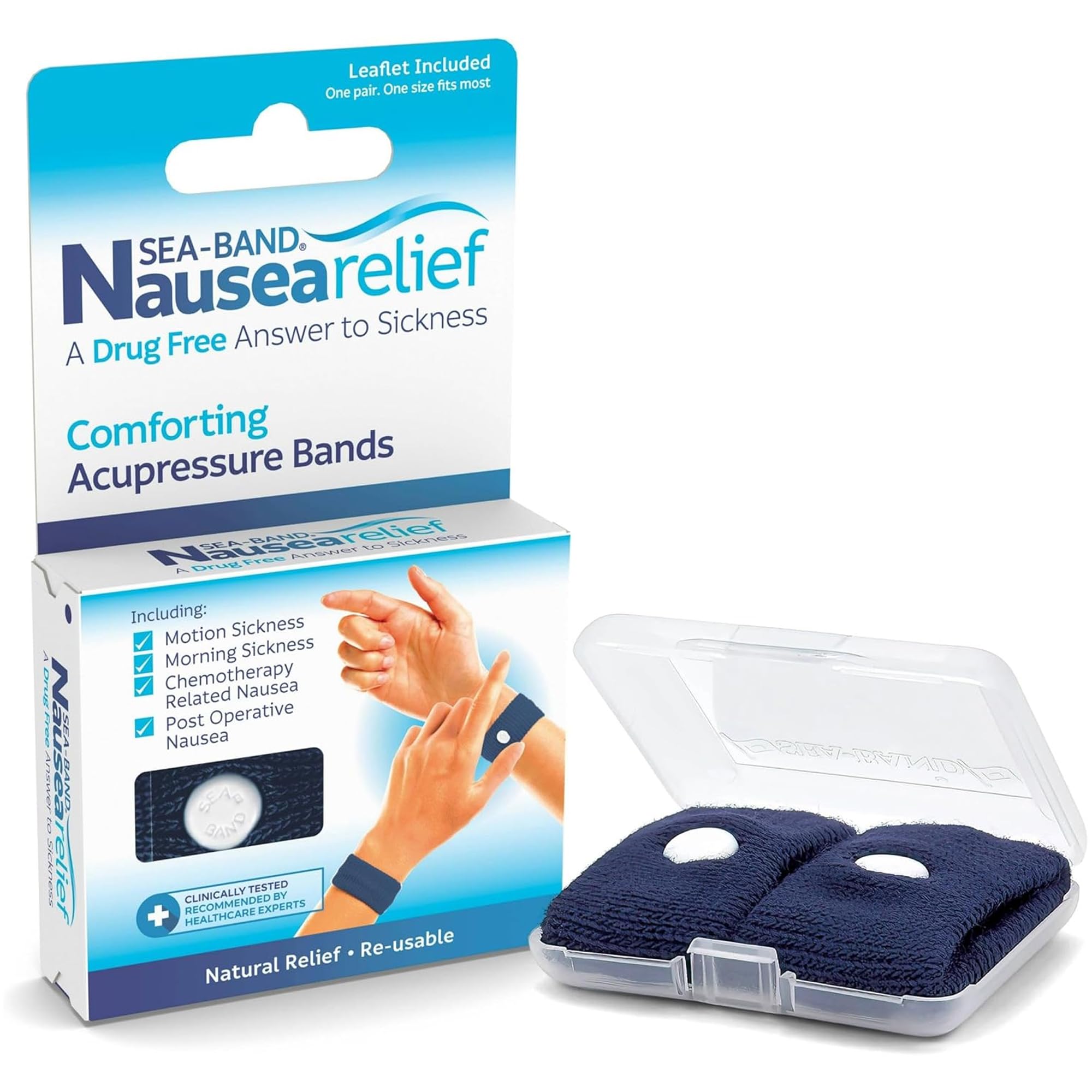 Sea-Band Travel & Motion Sickness and Nausea Relief Acupressure Wristband - Adult (Navy), 1 Pair