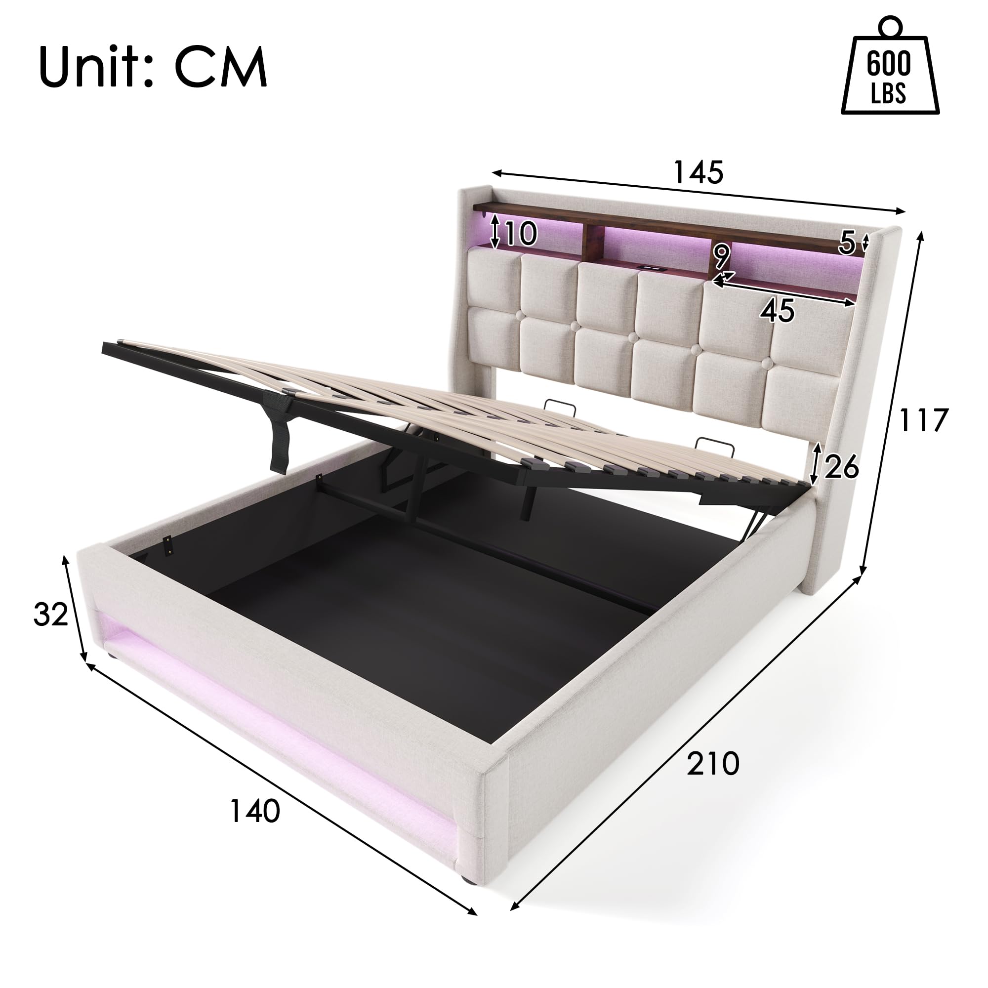 Polsterbett 140x200 cm, Doppelbett mit Stauraum und Lattenrost, LED Kopfteil mit USB Ladefunktion, Stauraumbett Funktionsbetten Rückenlehne Bettgestell, Leinen (Beige, 140x200cm)