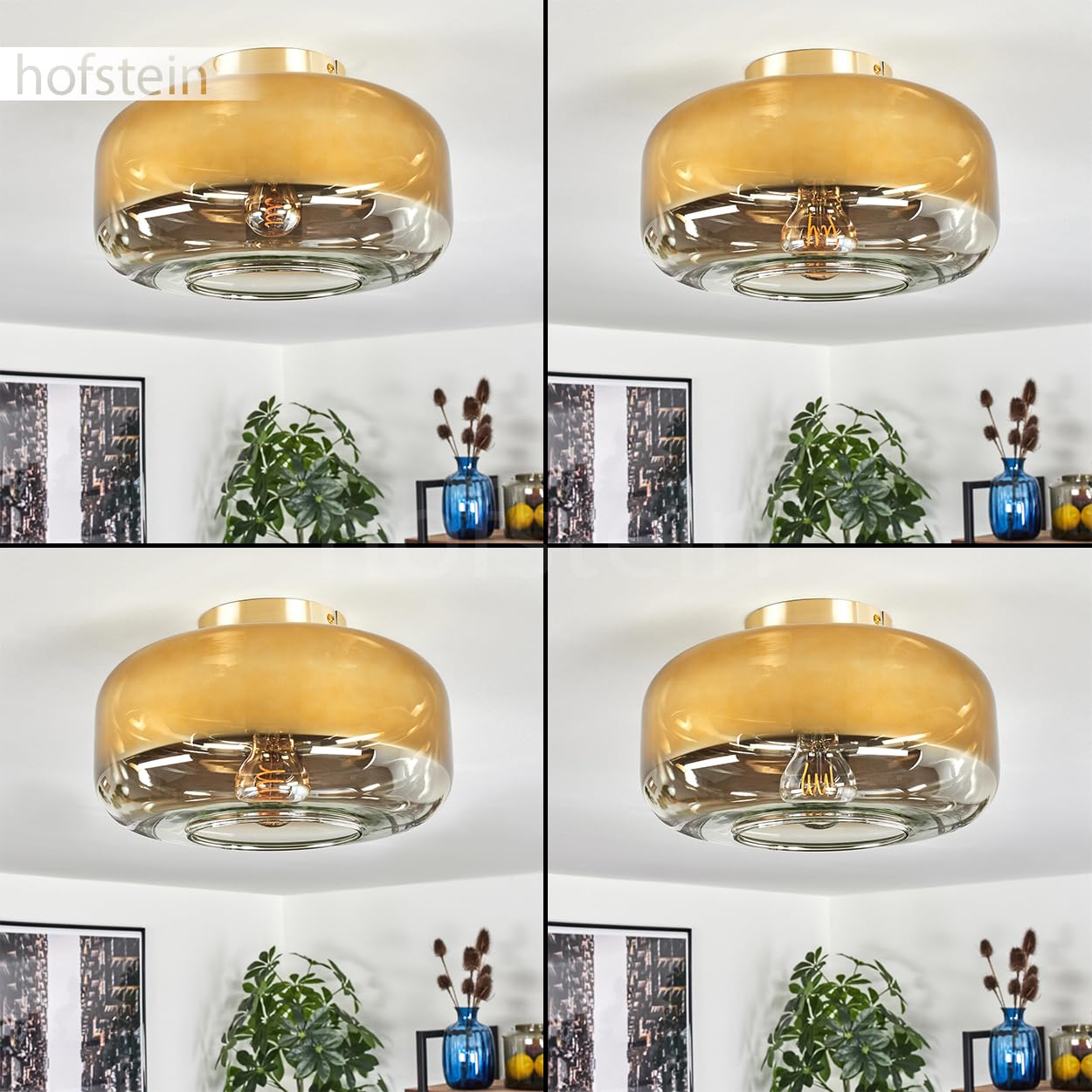 HOFSTEIN Deckenleuchte Boza, Deckenlampe aus Metall/Glas in Messing-/Goldfarben/Klar, moderne Leuchte im Retro/Vintage-Design (Ø Schirm 28 cm), E27, Schlafzimmer, Wohnzimmer, Küche, Esszimmer