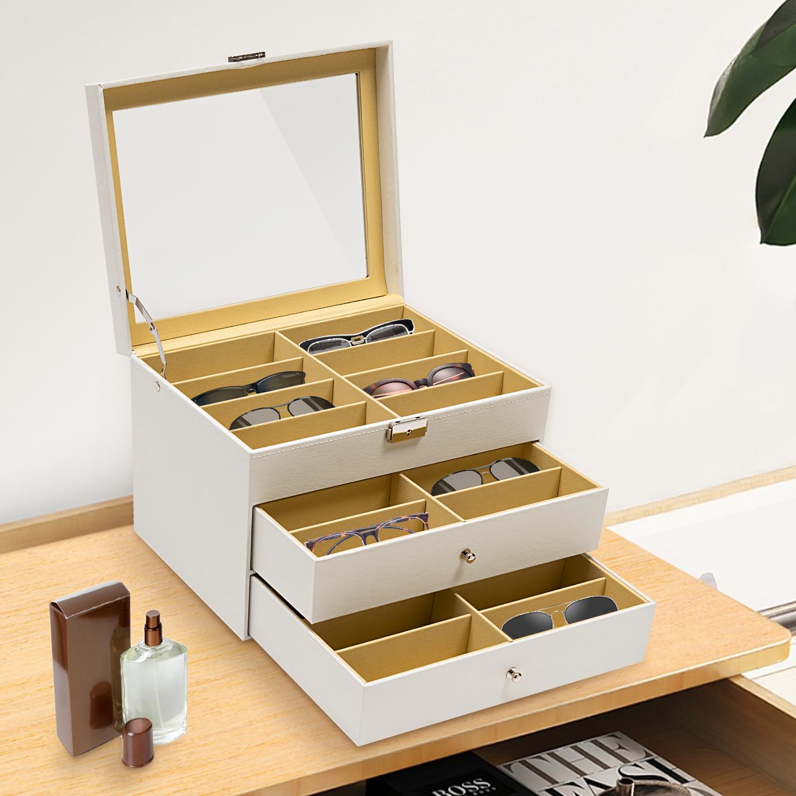 Brillenbox Sonnenbrillen Aufbewahrungsbox für 24 Brillen Aufbewahrung Sonnenbrillen brillenaufbewahrung mehrere brillen 34 x 25 x 19 cm Brillenkoffer Sonnenbrillen Präsentation Showcase