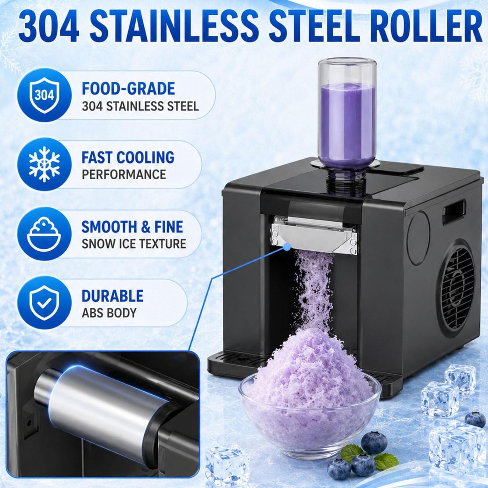 Máquina Comercial de Hielo en Copos de Nieve, con Auto Clean y Pantalla táctil Inteligente, for Preparar granizados, cucuruchos, Batidos y Otras deliciosas Bebidas frías | Green