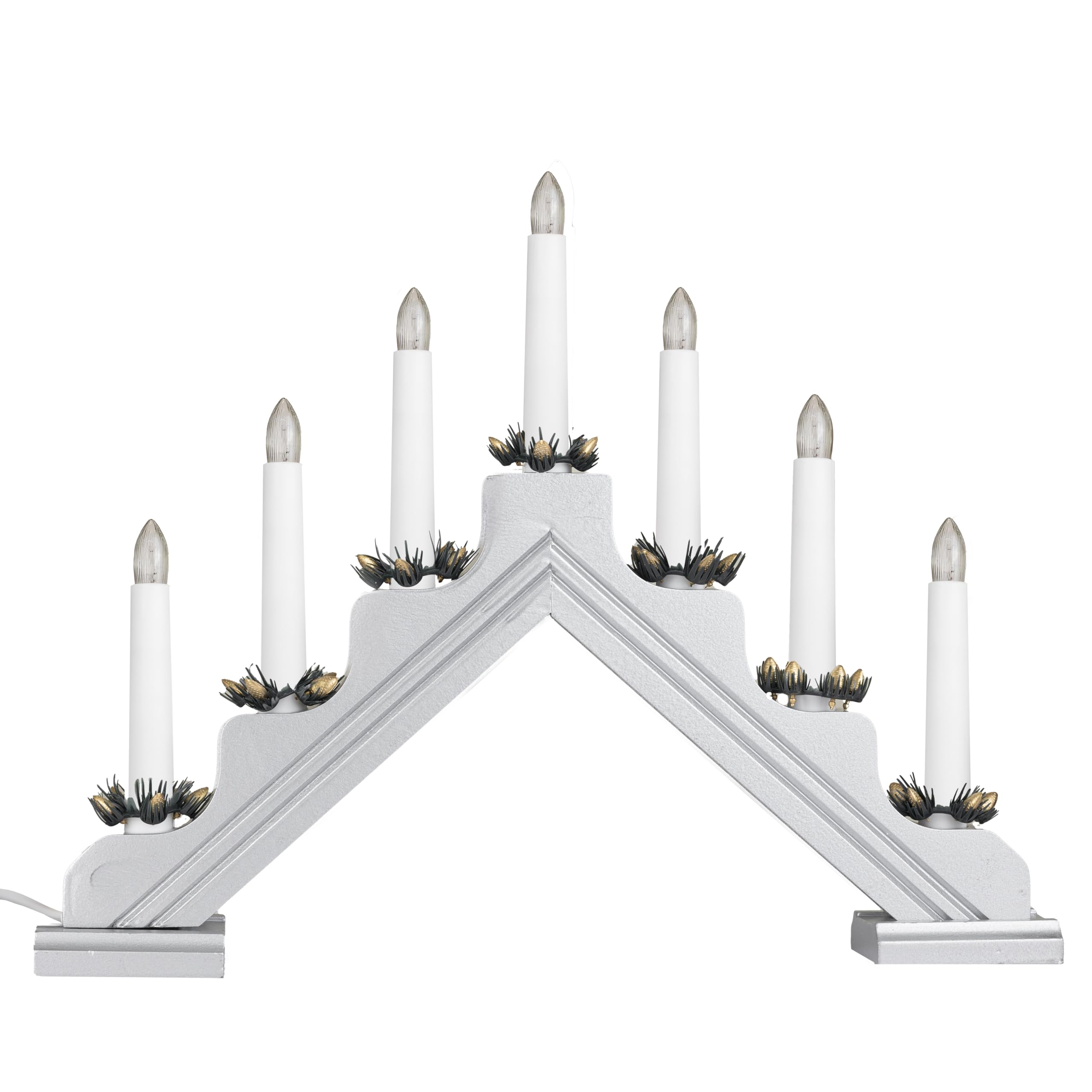 Garden Mile Silver Wooden - 7 Lights Traditional Silver Christmas Candle Bridge Arch - Festive Traditional Led Flameless Candles Large Christmas Decorations For Festive Décor - Xmas Window Sill Decorations