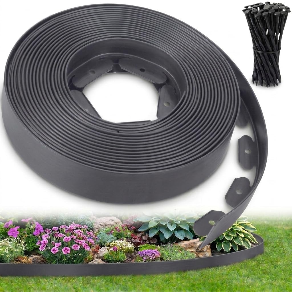 Ediesi, Bordura Jardín Exterior, 10 m, Flexible, Borde plástico Resistente 5 mm, borduras para delimitador césped, Caminos fácil instalación con 30 Piquetas (Negro, 10 Metros) — view 12