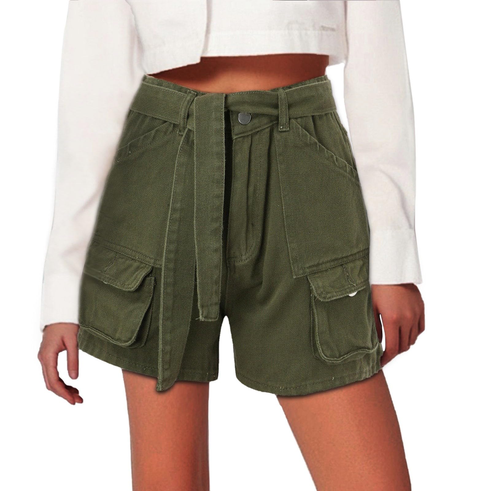Pantalones Cortos Mujer Pantalones Cortos Casuales de Verano para Mujer con Cinturón Integrado y Múltiples Bolsillos