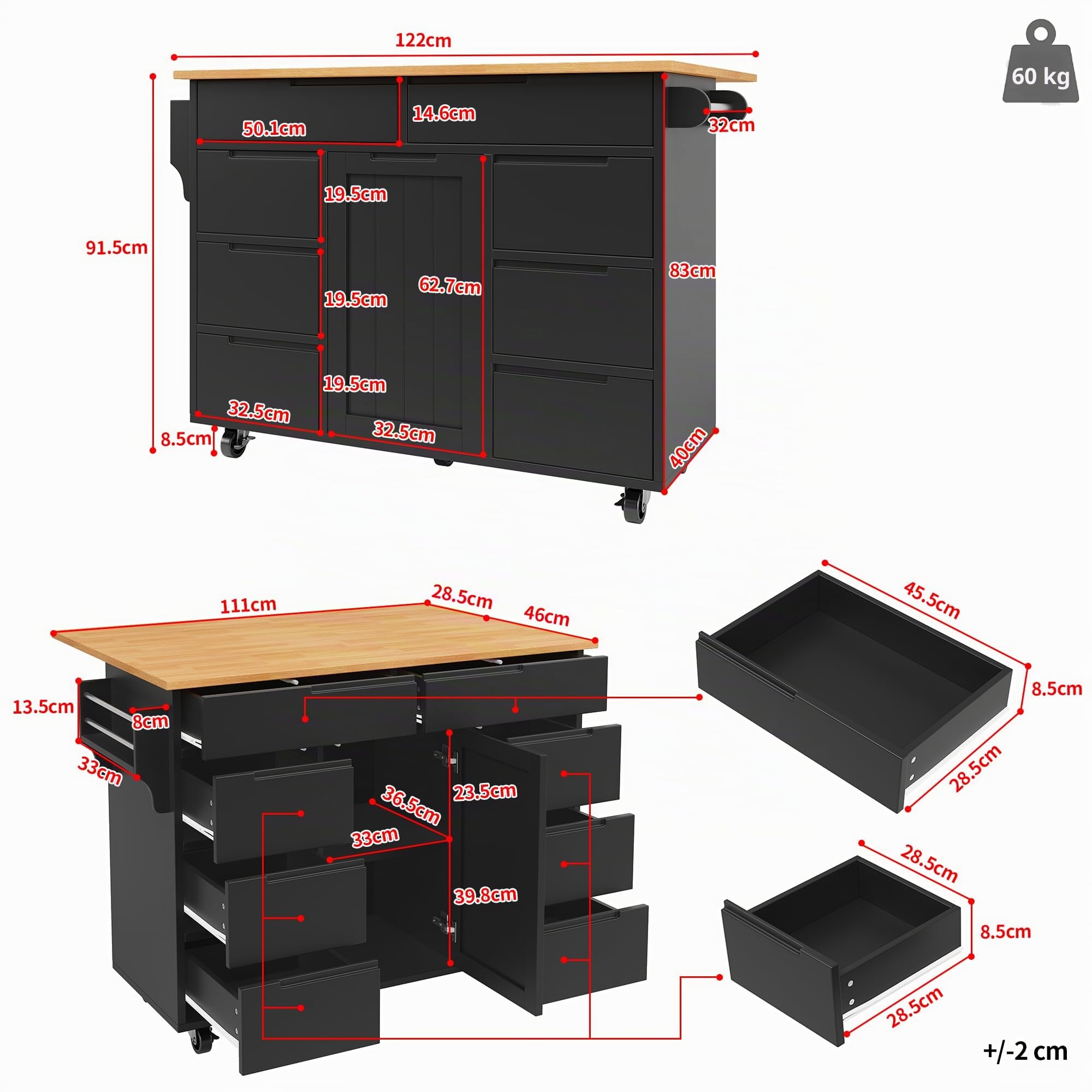 Isla de cocina, moderno armario de cocina, carro de cocina extensible con ruedas y superficie de trabajo, carro de servicio con especiero y 8 cajones