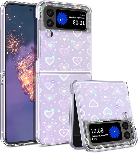 BENTOBEN Samsung Galaxy Z Flip 4 5G Case Glitter, Phone Case for Samsung Z Flip 4 5G Case Clear, Holographic Laser Flash Love Pattern Transparent Phone Case for Samsung Z Flip 4 Women Men