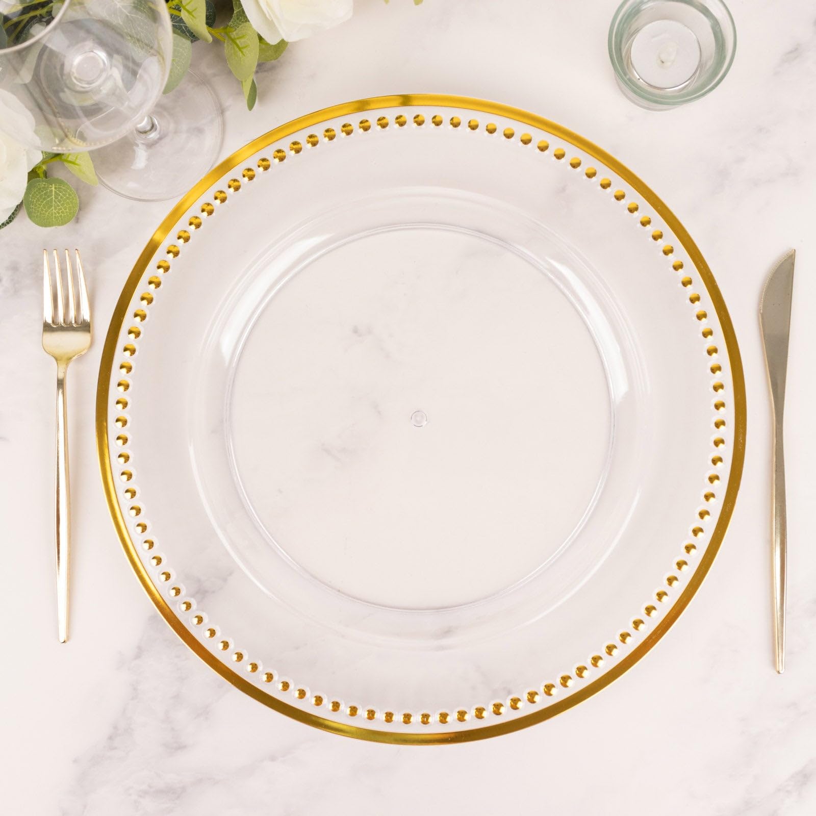 Tableclothsfactory 6 Pack 13" Beaded Gold Clear Acrylic Charger Plate, Plastic Round Dinner Charger Event Tabletop Decor