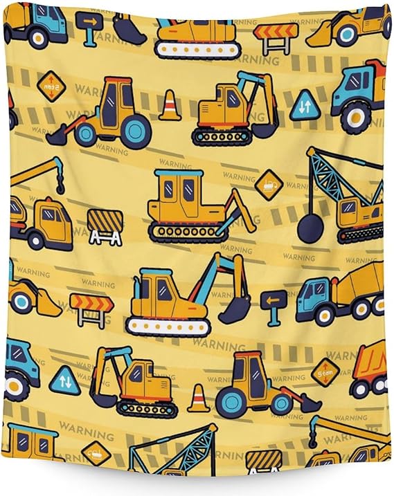Construction Truck Blanket Gifts - 50x60 Inches Funny Throw Blanket for Boys & Kids - Yellow Soft Fuzzy Excavator Blankets for Bed, Couch & Living Room
