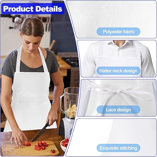 Miniatura 4 de Delantales unisex con peto, paquete de 12 delantales de chef blancos con lazos extralargos, lavables para mujeres y hombres, cocinar, restaurante,