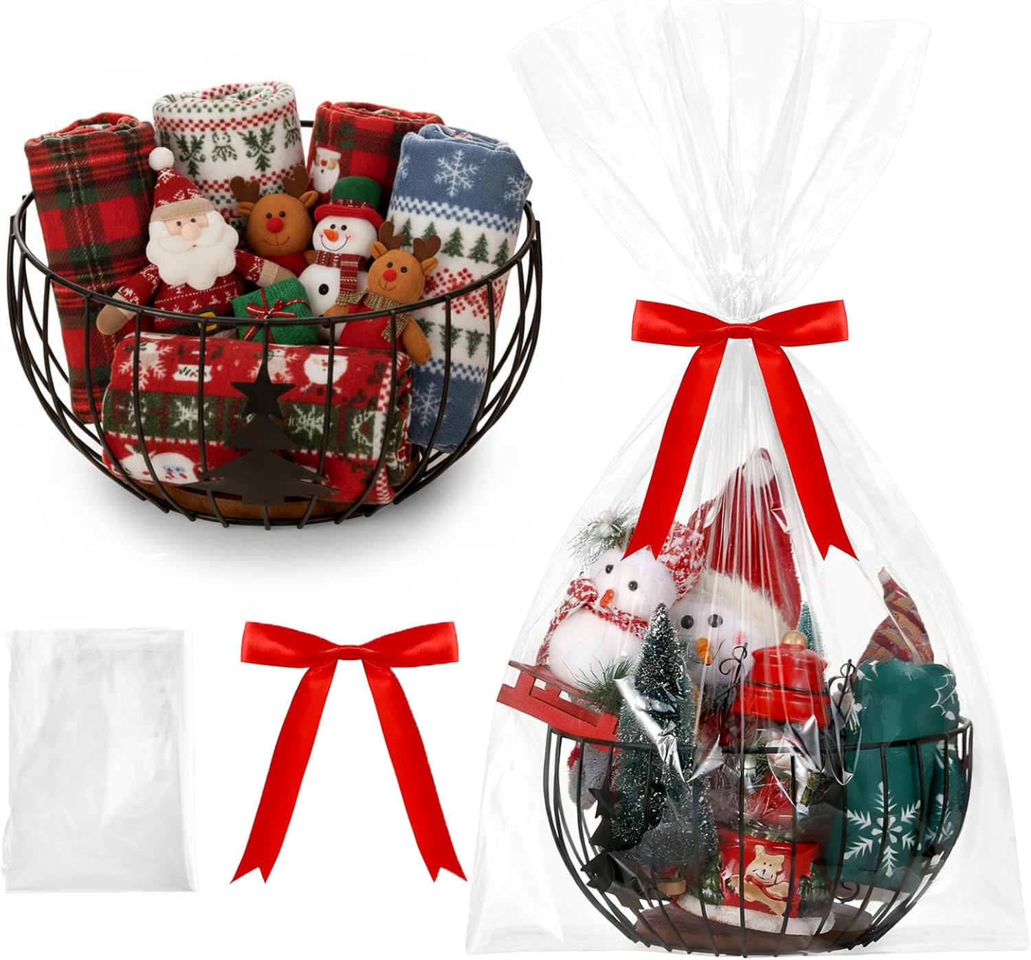 Threehoney Iron Christmas Baskets for Gifts Empty 12 Inch Large Christmas Gift Basket Empty Gift Basket with Cellophane Wrap Set and Red Bow for Xmas Birthday Holiday Favor Wrapping