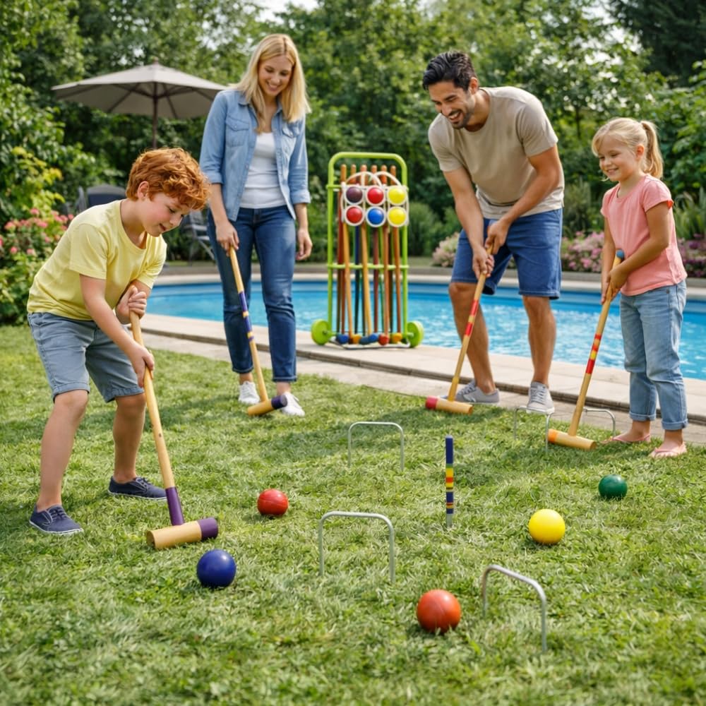 Jeu de Croquet en Bois pour 6 Joueurs, Set Complet avec Chariot de Transport, 6 Maillets, 6 Boules, 8 Arceaux Métalliques, pour Jardin et Extérieur