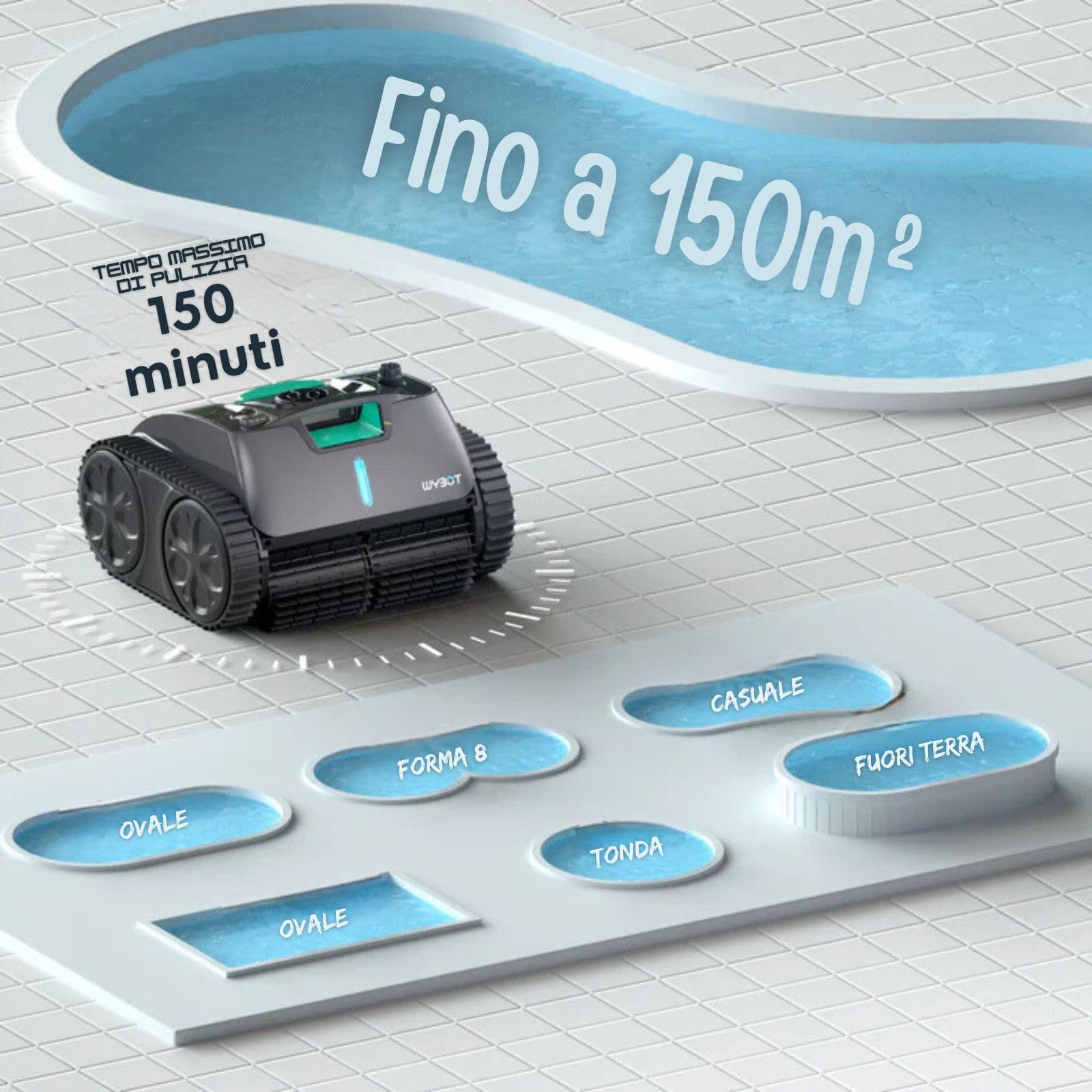 C1 PRO - Robot Pulitore Piscina Senza Fili a Batteria Fino a 150 Minuti, Fondo, Pareti, Linea d'Acqua, Pianificazione Pulizia con App e con Pulsate a Bordo Robot