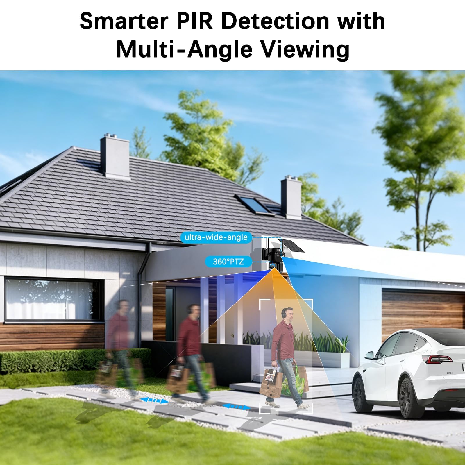 Cámara de vigilancia WiFi exterior inalámbrica 4K, triple objetivo 10X, cámara exterior solar con panel, detección humana PIR, visión nocturna, audio bidireccional, seguimiento automático, IP66, 2