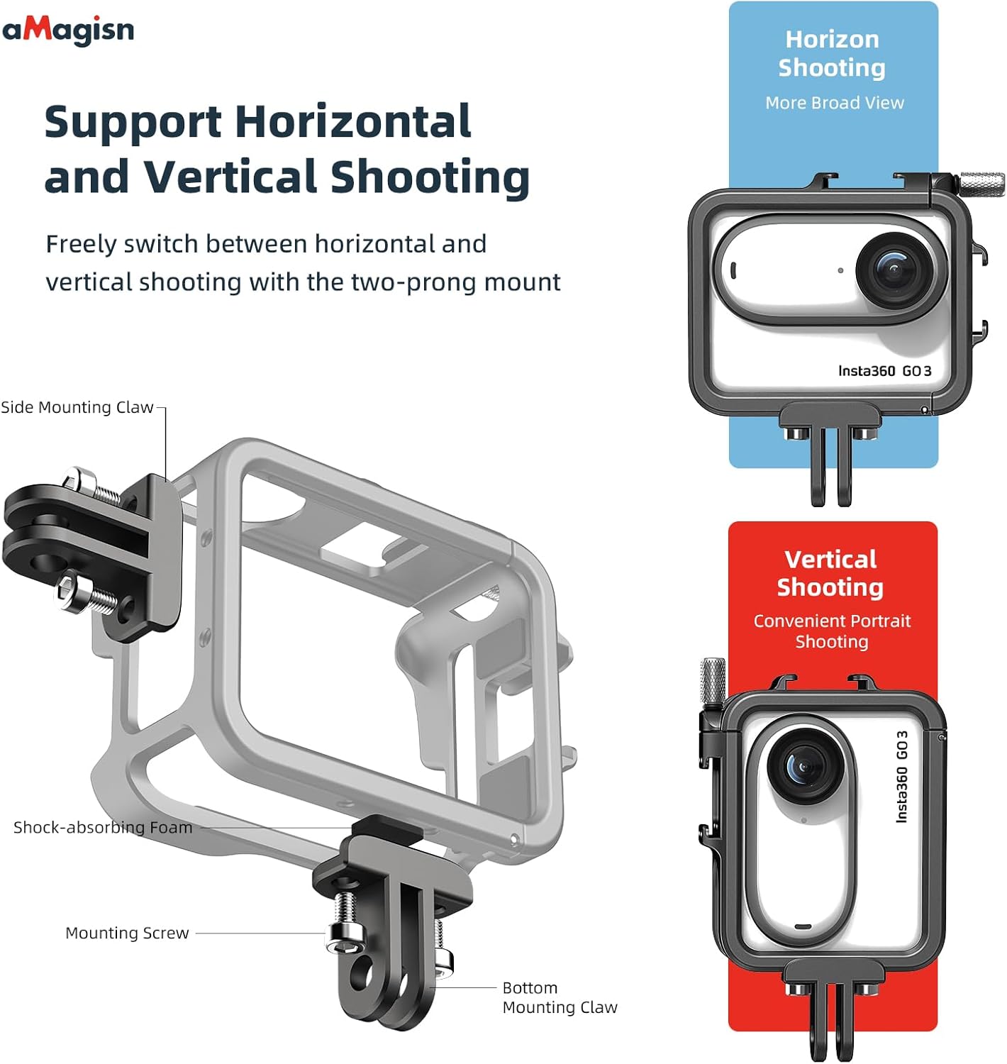 Diagram illustrating how the aMagisn cage supports both horizontal and vertical shooting modes for the Insta360 GO 3 camera.