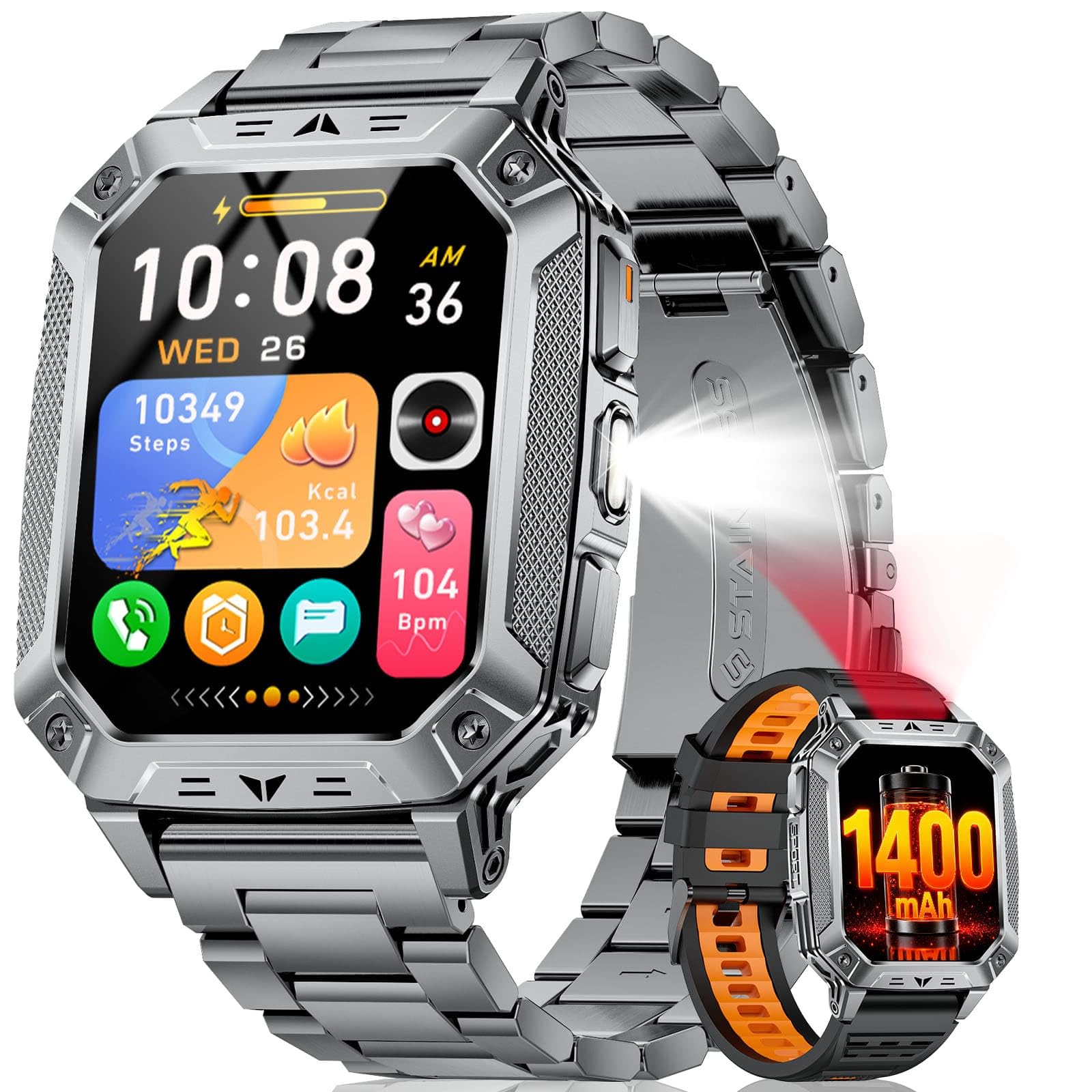 Montre Connectée Homme 1400mAh, 2.01'' Smartwatch avec LED Lampe, 110+ Modes Sportifs, Étanchéité IP68, Appels Bluetooth Smartwatch Militaire, Surveillance Cardiaque 24H,Sommeil, SpO2, Android/iOS