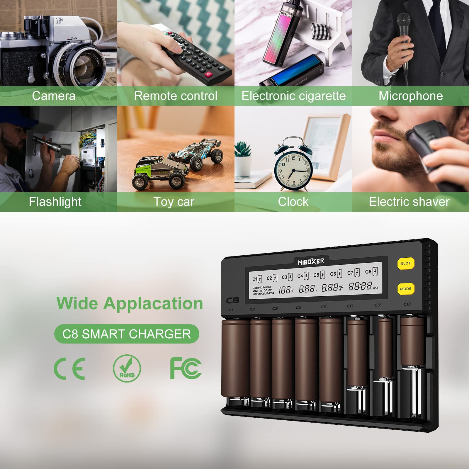 18650 uniwersalna ładowarka do akumulatorów z wyświetlaczem LCD do akumulatorów NI-MH, NI-Cd, AA, AAA, 14500, 18350, 21700, 26650, Li-Ion LiFePO4, RCR123A (8 gniazd) 8 portów