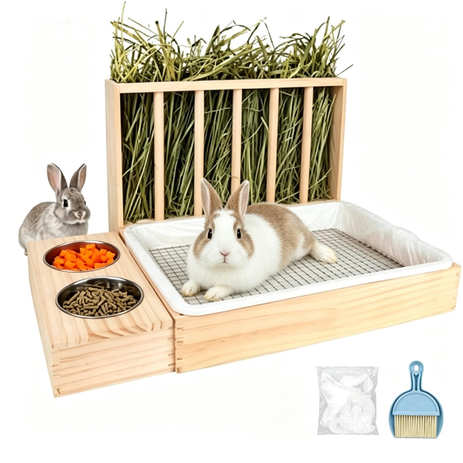 Ratelier Foin Lapin,3-en-1 Conception,2 Gamelles,Litière d'Entraînement pour Lapins,Cochons d'Inde,Chinchillas Et Petits Animaux,Nettoyage Rapide,Grande Capacité,Empêche Le Gaspillage
