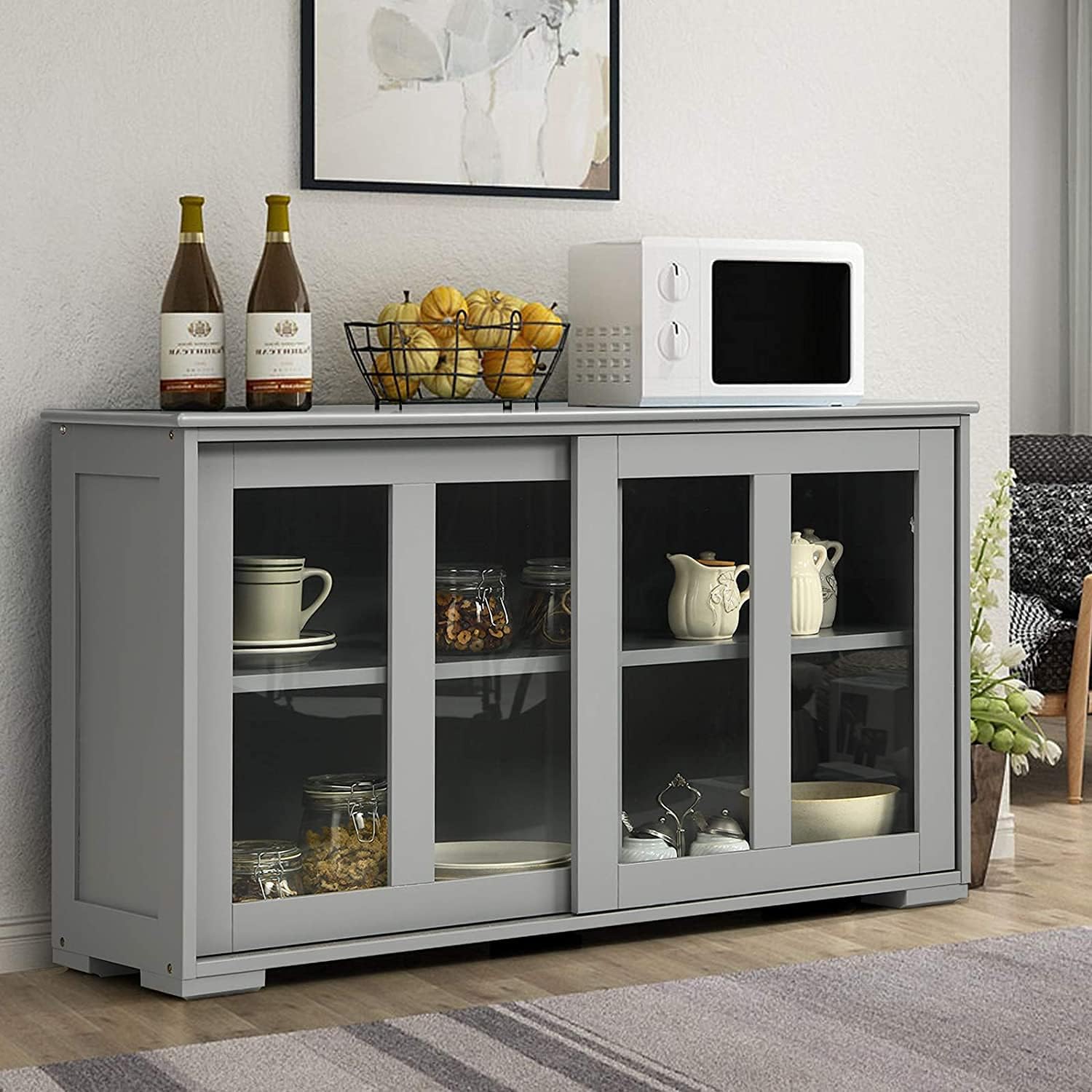 Sideboard Buffet Cabinet, Stackable Cupboard Storage Table with Adjustable Shelf & Glass Sliding Doors, Wooden Credenza Coffee Bar Cabinet for Kitchen/Dining Room/Living Room/Entryway (Grey)