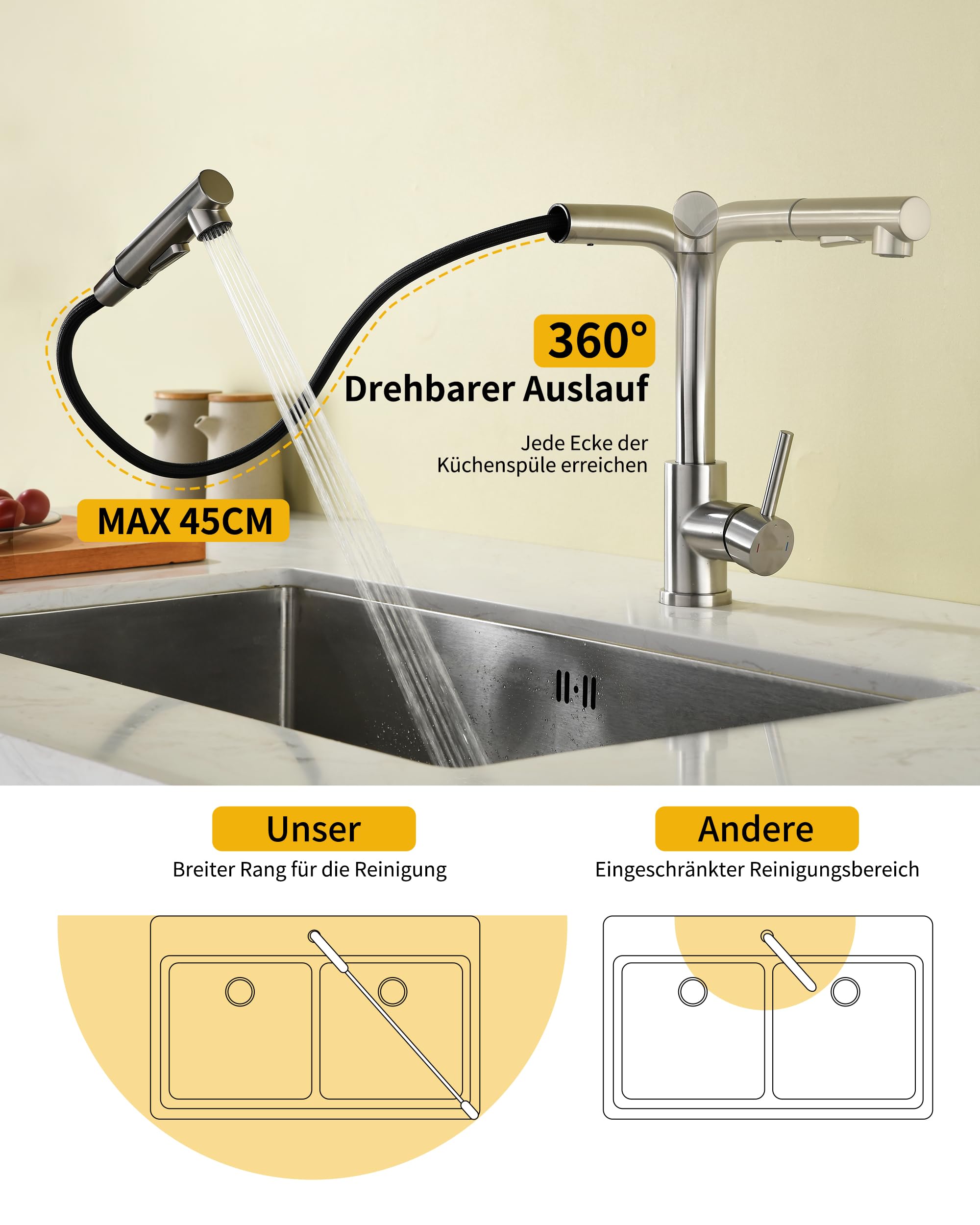 Grifo de cocina Baollansa, grifo extractable con alta presión, grifo de fregadero de cocina con ducha, 2 tipos de chorro de agua, grifo de cocina de acero inoxidable, giratorio 360° (cepillado) — view 2